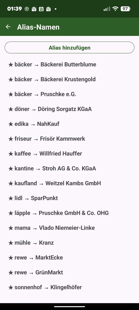 Verwaltung der Alias-Namen: gesprochener Begriff → echter Empfänger