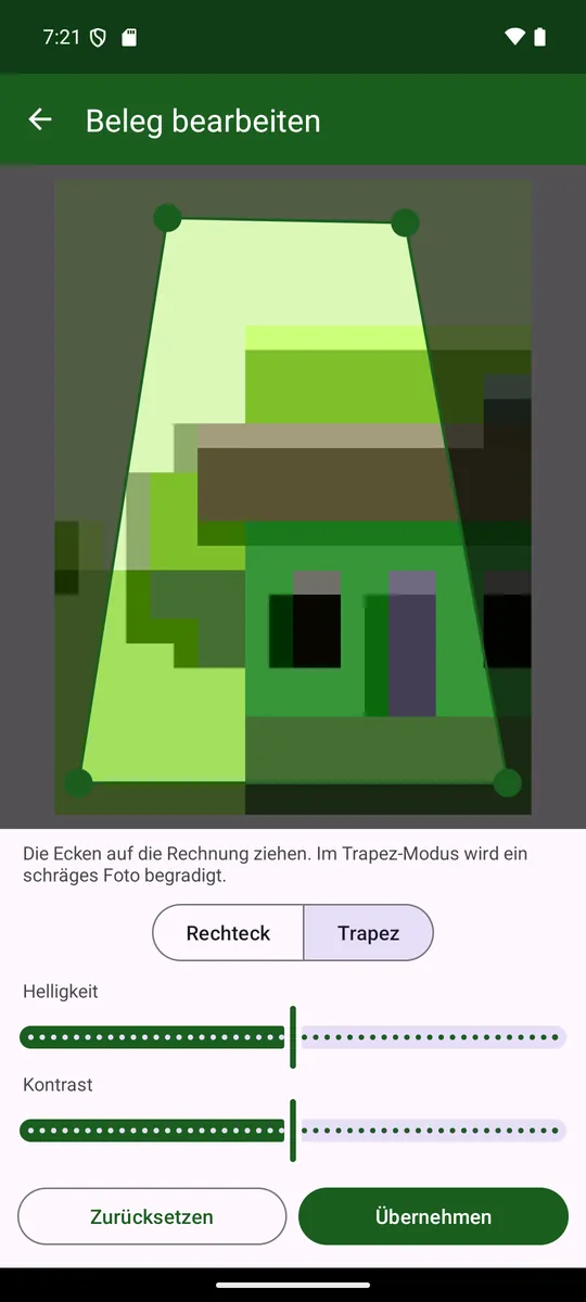 Bearbeitung: vier Eckpunkte, «Rechteck»/«Trapez», Helligkeit und Kontrast