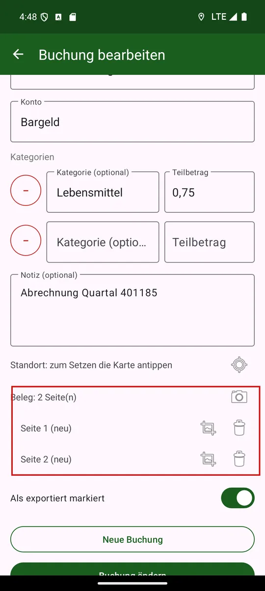Beim Bearbeiten je Seite eine Zeile mit Zuschneiden und Löschen