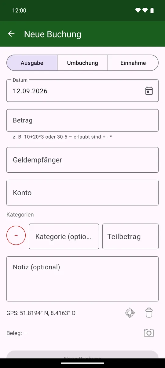 Buchungs-Editor mit Typ-Umschalter, Betrag, Empfänger und Konto