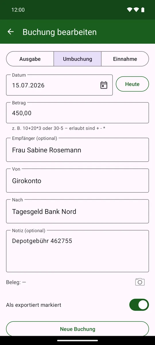 Detailansicht einer Umbuchung mit Kontostand vorher/nachher