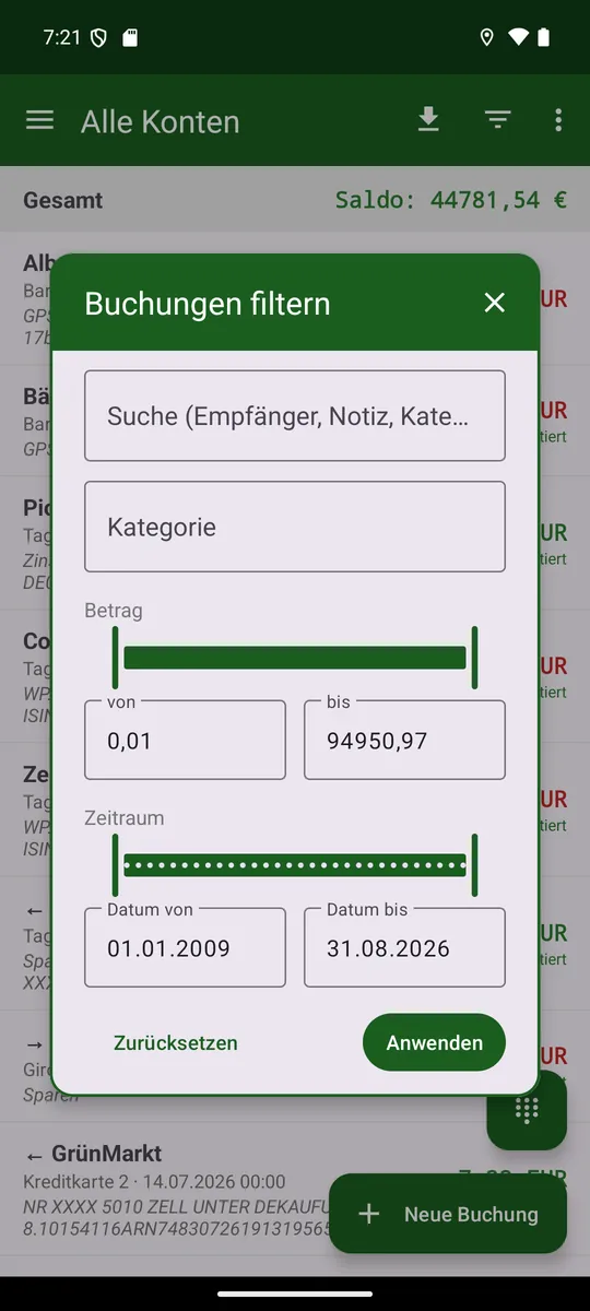 Filter nach Suchtext, Kategorie, Betrag und Zeitraum