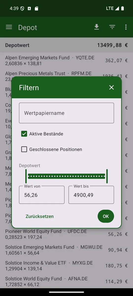 Filter: Name, Wertspanne, aktive und/oder geschlossene Positionen