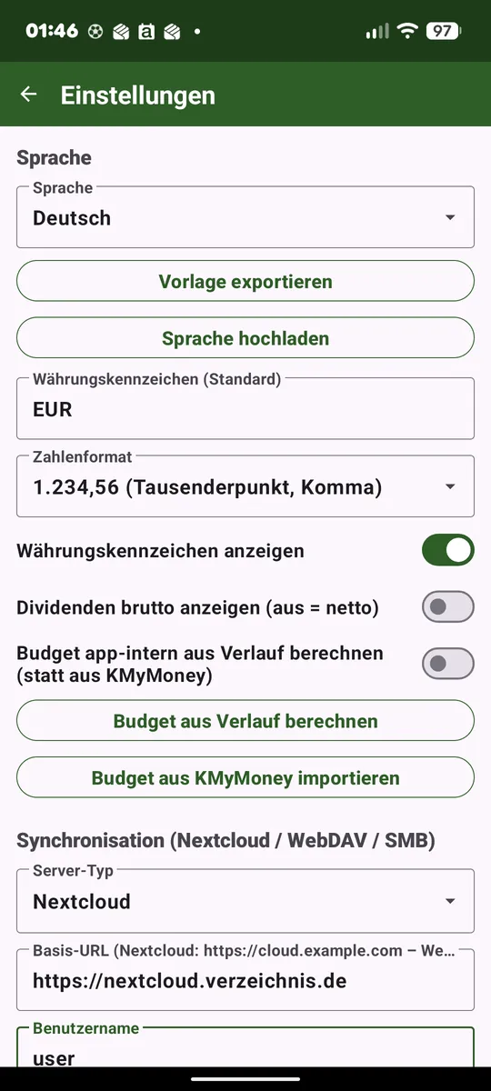 Sprache, Zahlenformat, Server-Verbindung