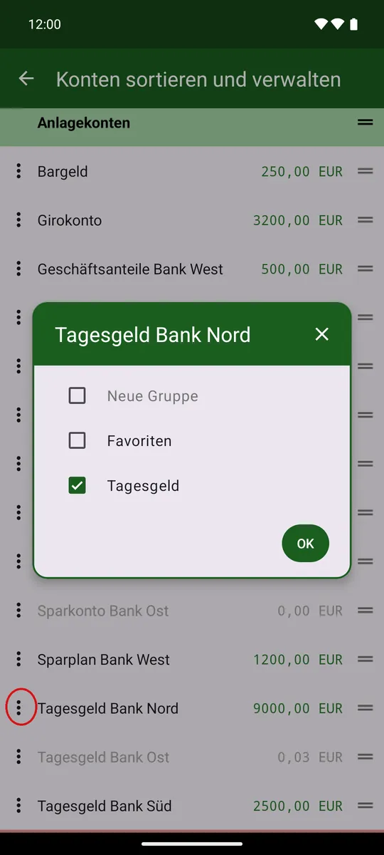 «⋮»: Gruppen ankreuzen, neue anlegen, Konto schließen