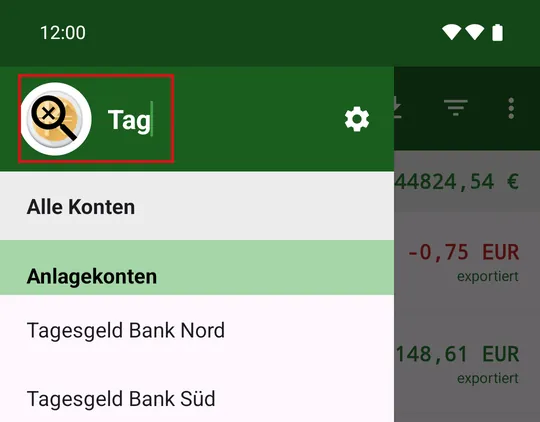 Die Sucheingabe tritt an die Stelle der Überschrift «Konten»