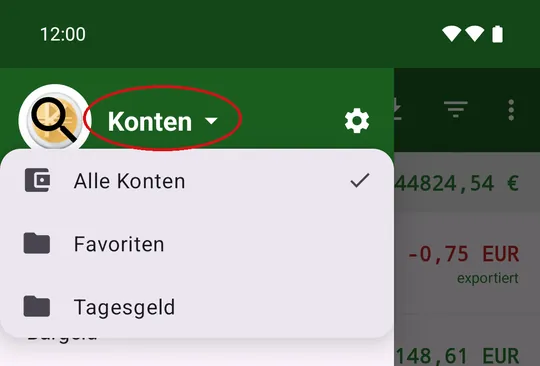 Tipp auf «Konten» öffnet die Auswahl der Gruppe
