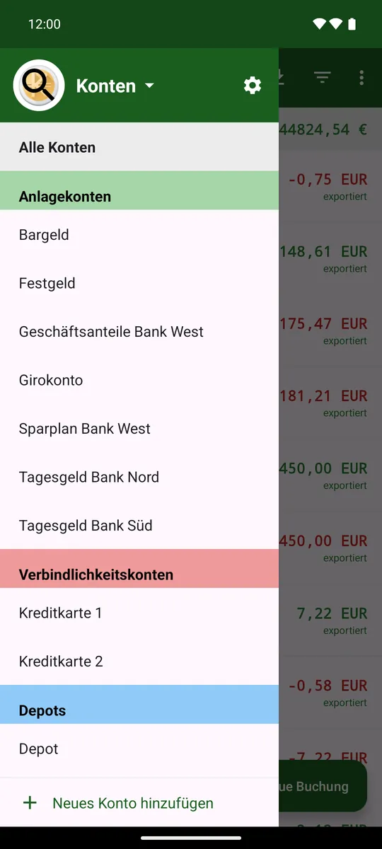 Kontenschublade mit Konten, Depot und «Konto hinzufügen»
