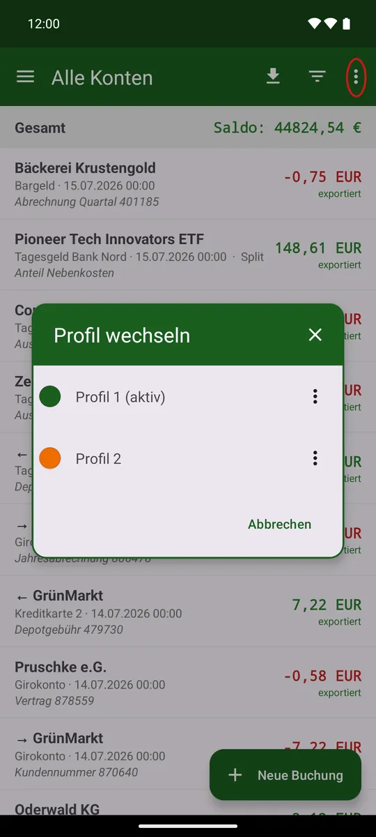 Liste aller Profile – ein Tipp wechselt sofort