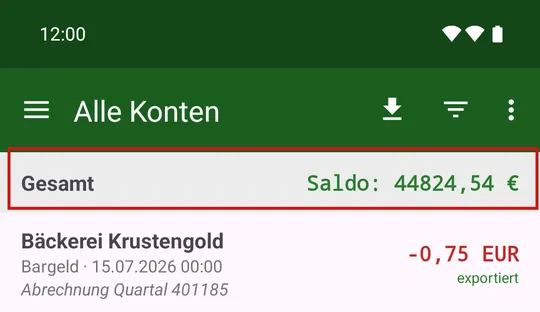 Saldenzeile mit Gruppensumme; Antippen schaltet weiter