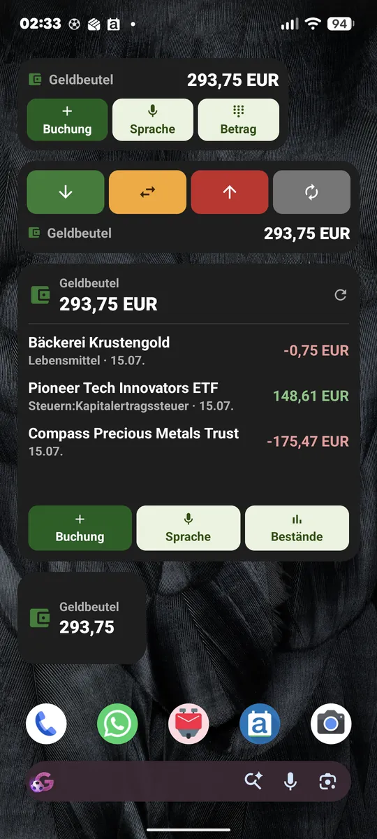 Alle vier Widget-Größen: mittel, Typ, groß und klein