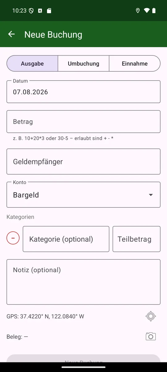Booking editor with type switch, amount, payee and account