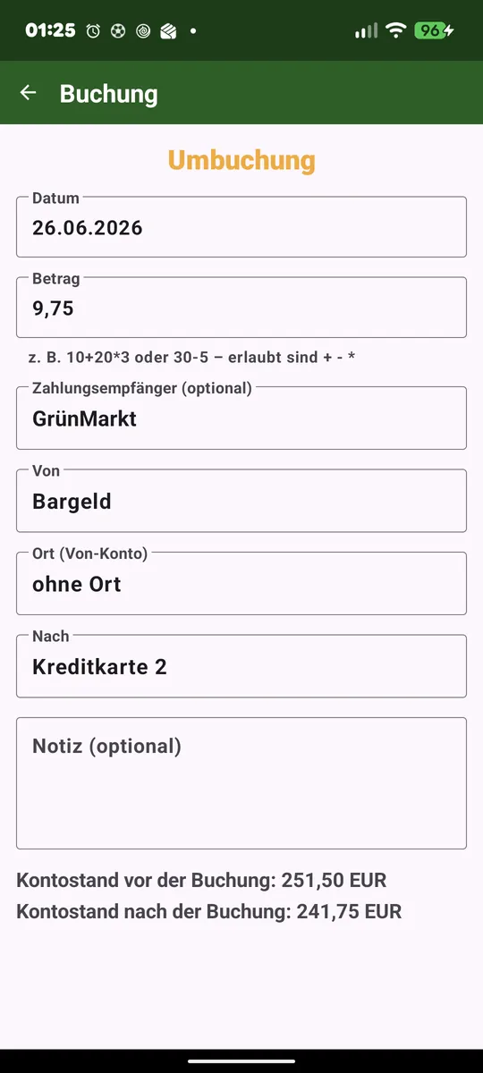 Detail view of a transfer with balance before/after