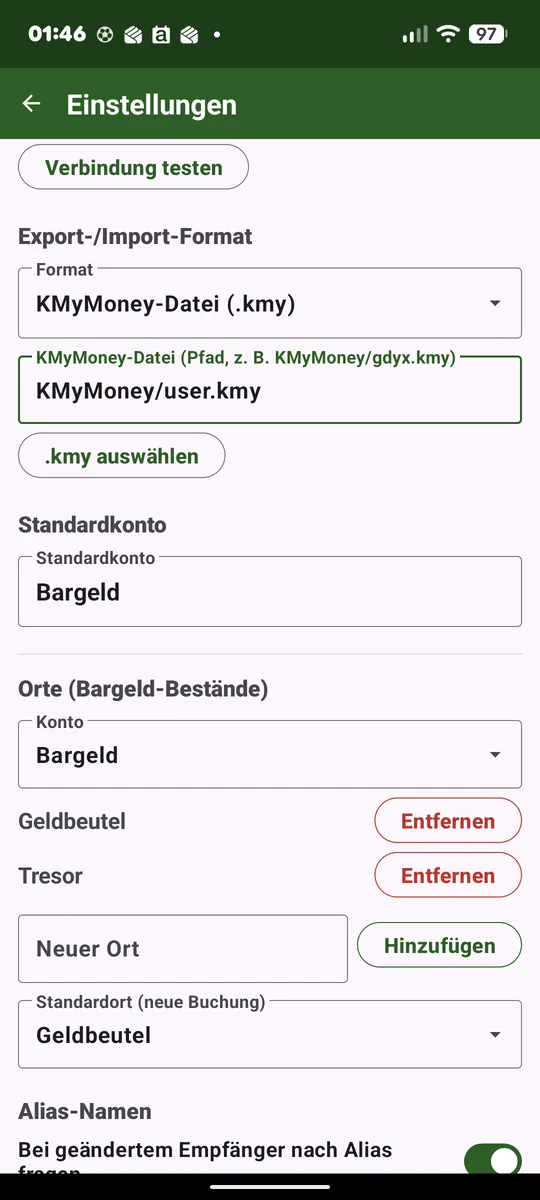 Export mode, default account, places per account