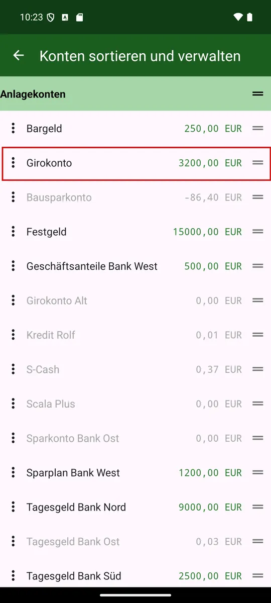 Dragging an account type folds its accounts away