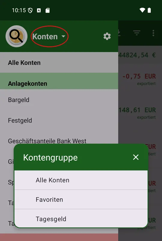 Tapping «Accounts» opens the group selection
