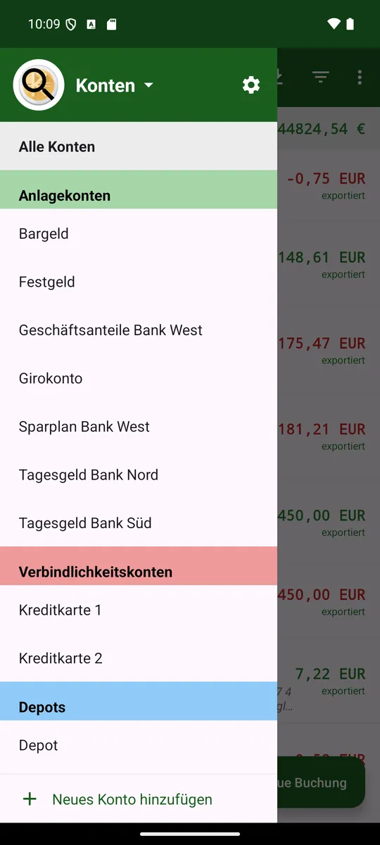 Account drawer with accounts, portfolio and «Add account»