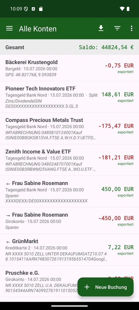 Main screen with title bar, balance line and booking list