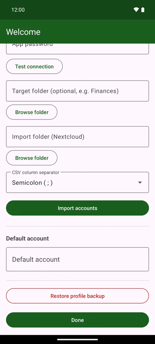 «Import accounts», «More settings», «Done»
